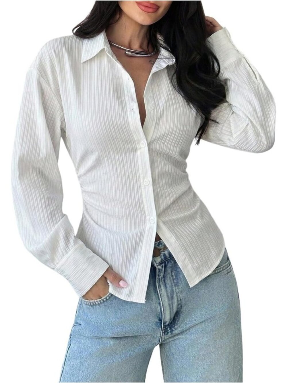 SOLY HUX Women's Striped Button Down Shirt Cinched Waist Long Sleeve Blouse